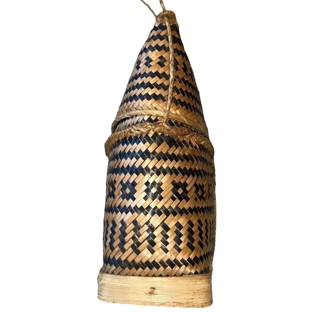 Vtg Philippine Tribal Double Weave Basket Lidded Shoulder Bag Tiruray Ifugao Art